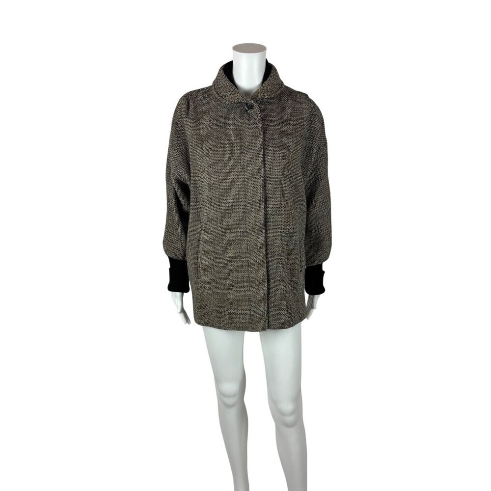 Vintage 80s Black Jacket Women's Medium Herringbone Wool Dolman Sleeves Bomber